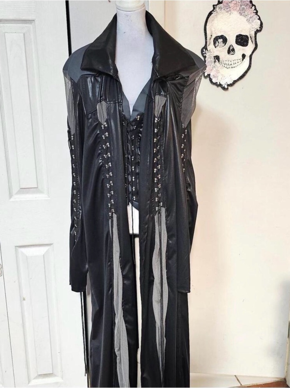 Gothic Lace-Trim Black Faux Leather And Mesh Trench coat - Picture 9 of 9